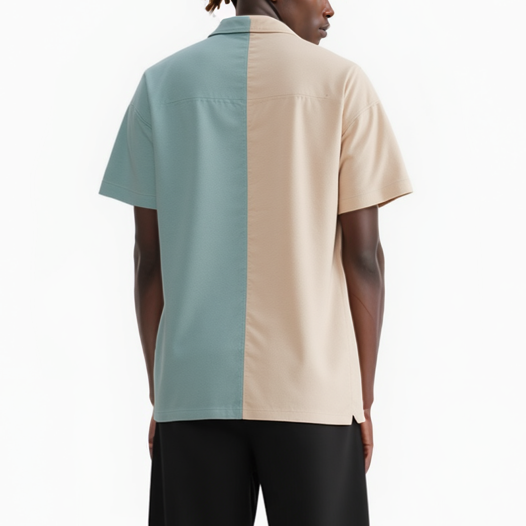 Khaki Color block Men's Bellow Pocket Oversize Short Sleeve Shirt