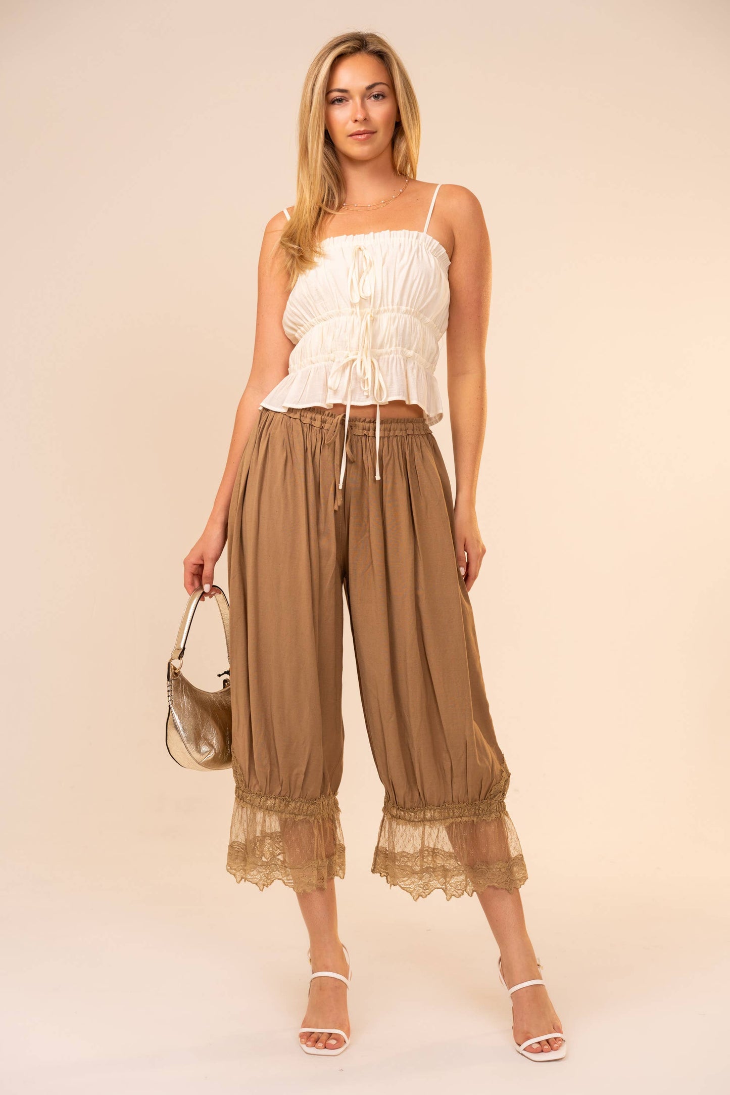 95852P Lace Trim Mid Rise Balloon Pants