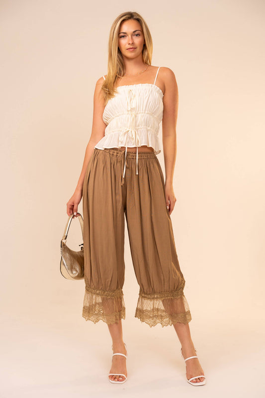 Lace Trim Mid Rise Balloon Pants