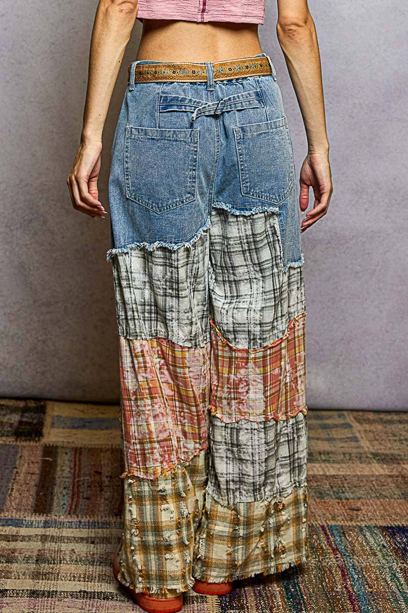 Varied asymmetrical patchwork buckle back detail woven pants