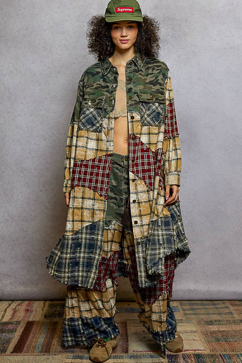 Long Sleeve Plaid Woven Varied Patchwork Maxi Shirt Jacket