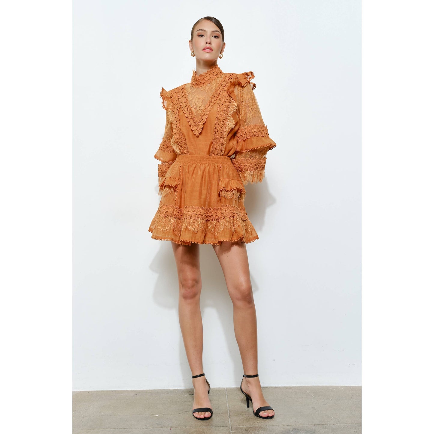 Floral Lace High-Neck Ruffle Sleeve Blouse