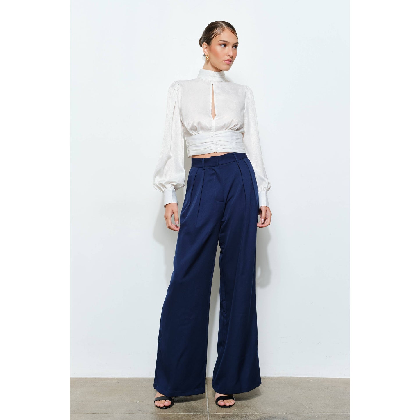 High Neck Satin Blouse with Open Back Tie