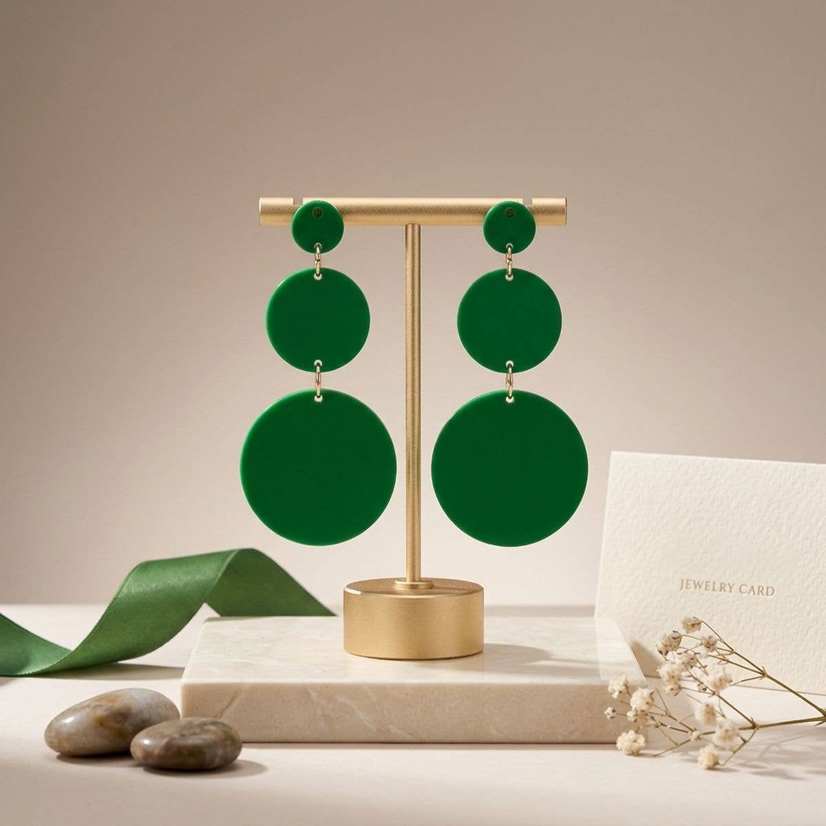 Dangle Green Mirror Triple Disc Drop Earrings