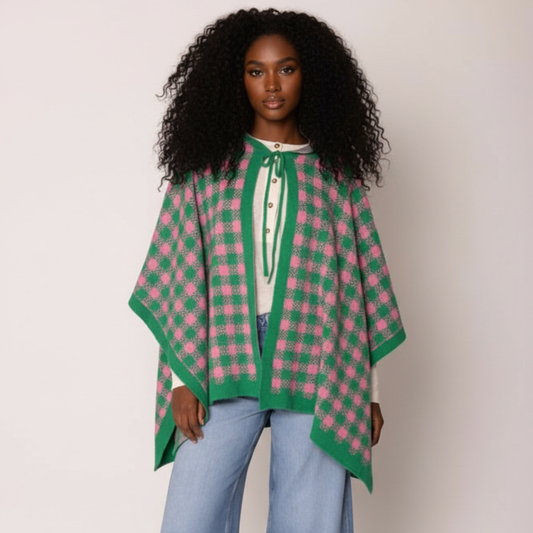 Kendall Checkered Knit Pink and Green Cape