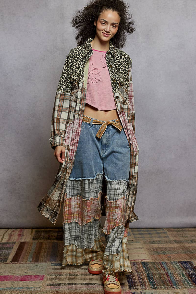 Long Sleeve Plaid Woven Varied Patchwork Maxi Shirt Jacket
