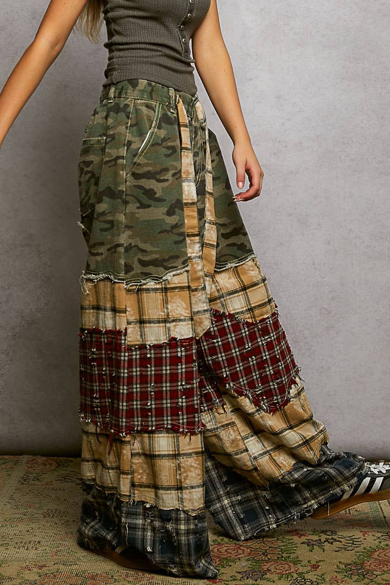 Varied asymmetrical patchwork buckle back detail woven pants