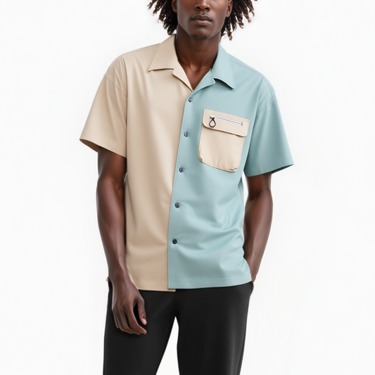 Khaki Color block Men's Bellow Pocket Oversize Short Sleeve Shirt
