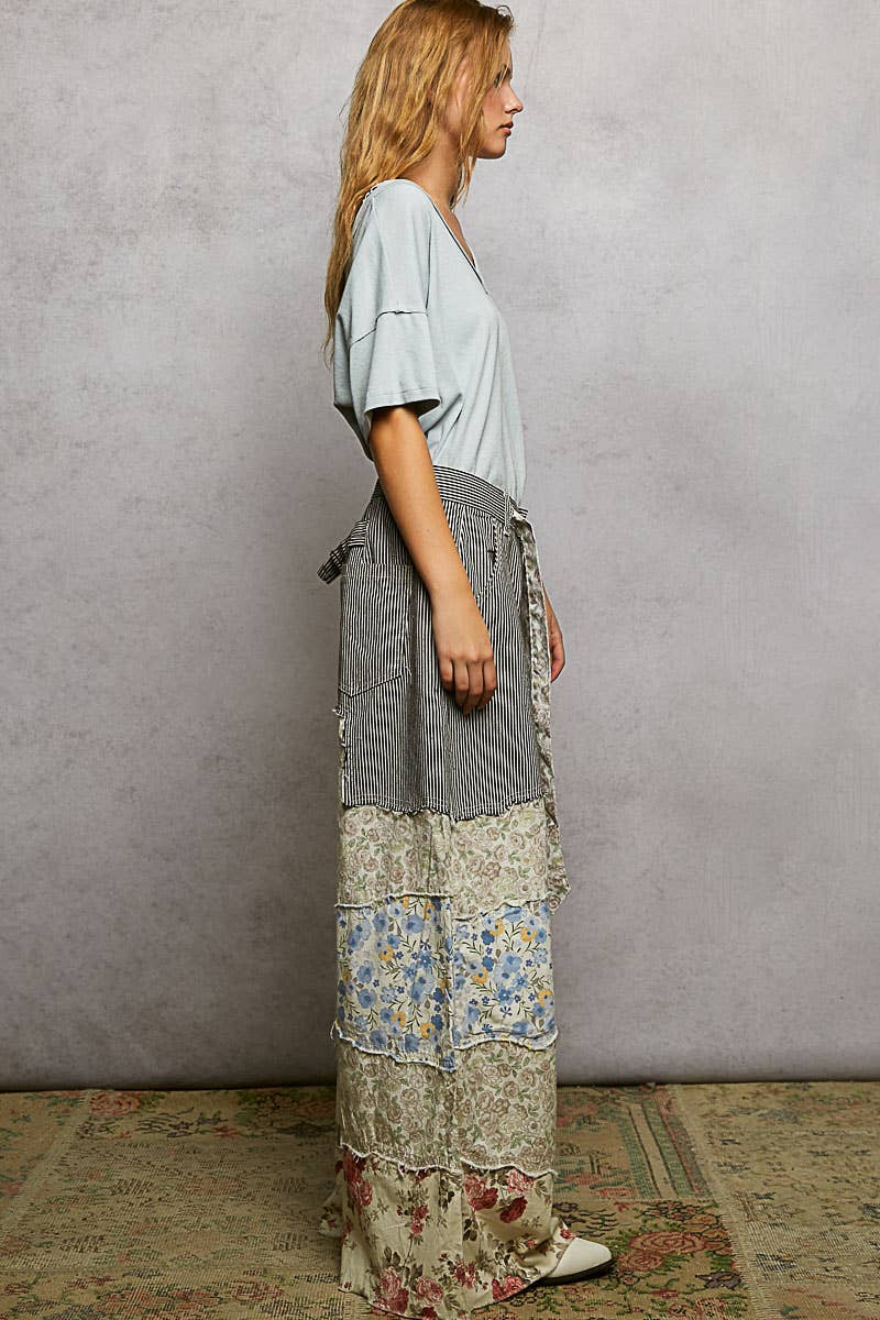 Varied asymmetrical patchwork buckle back detail woven pants