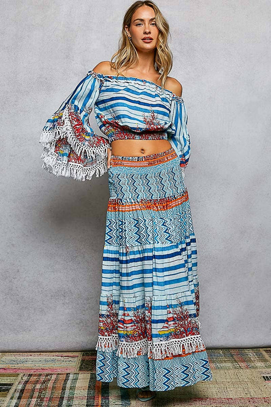Off-Shoulder Fringe Sleeve Smocked Top and Skirt Set