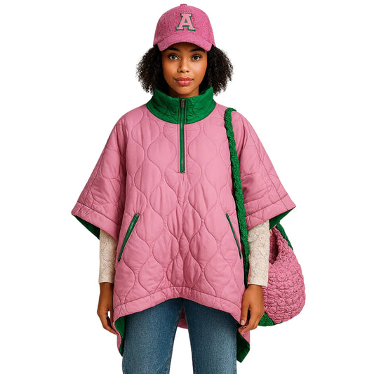 Quilted Puffer Pink and Green Poncho