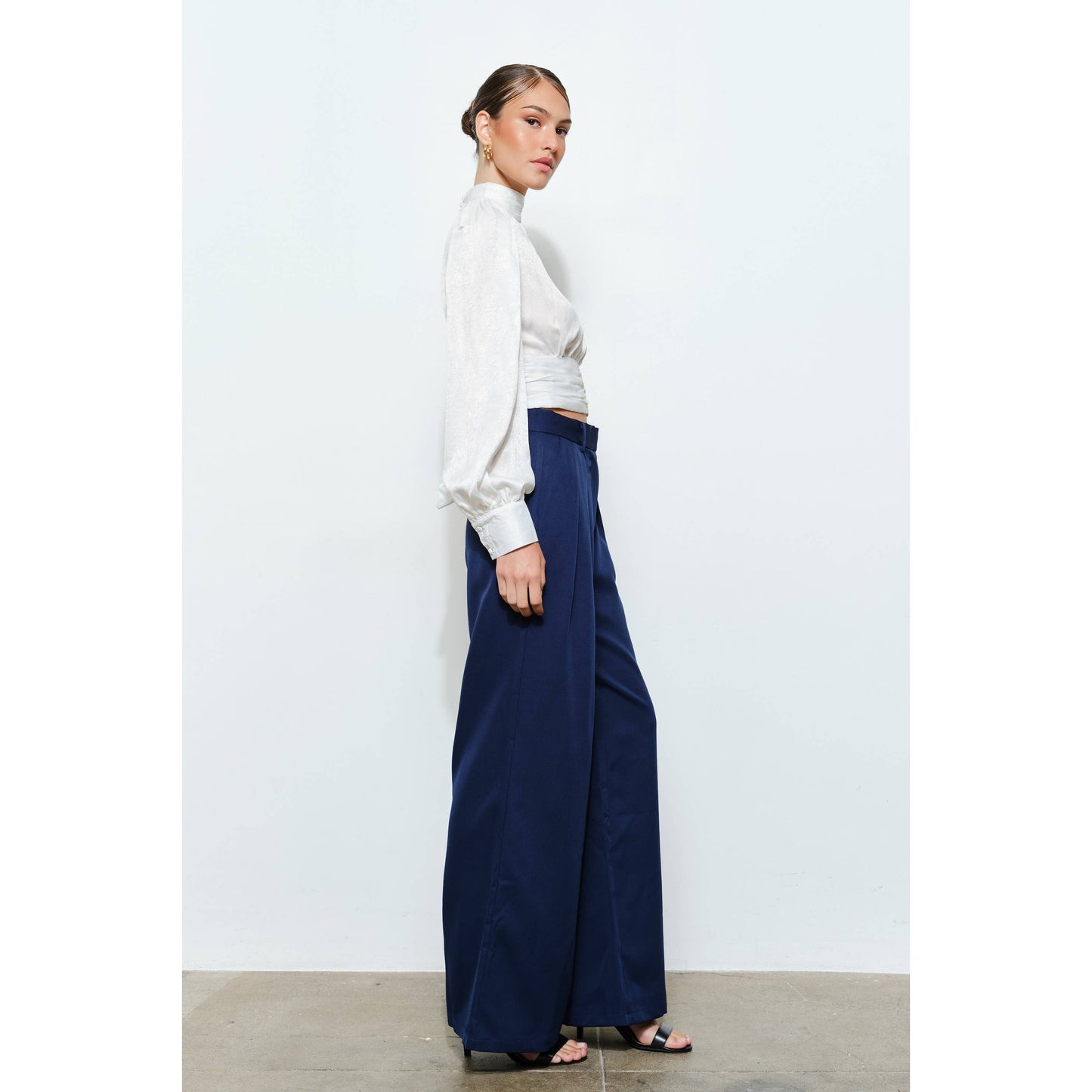 High Neck Satin Blouse with Open Back Tie