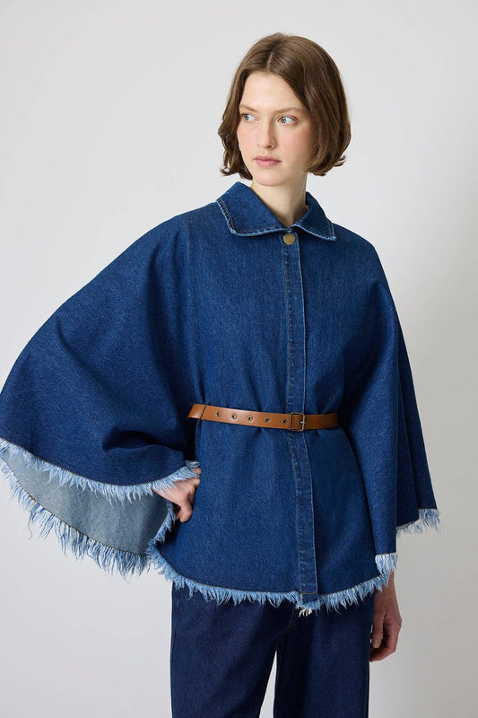 DENIM PONCHO WITH BELT DETAILS