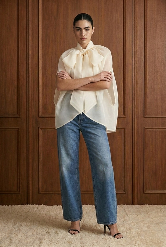 Oversized Sheer Tie-Neck Cape Blouse