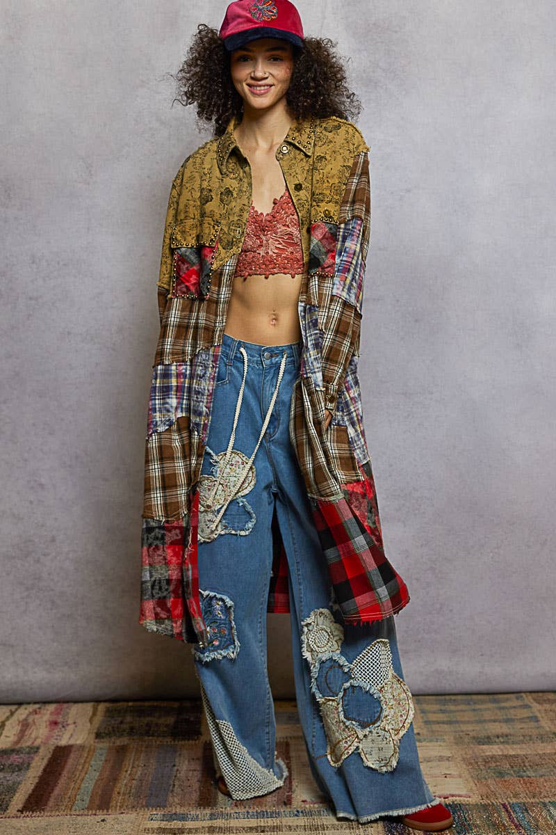 Long Sleeve Plaid Woven Varied Patchwork Maxi Shirt Jacket