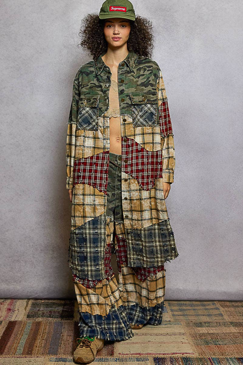 Long Sleeve Plaid Woven Varied Patchwork Maxi Shirt Jacket