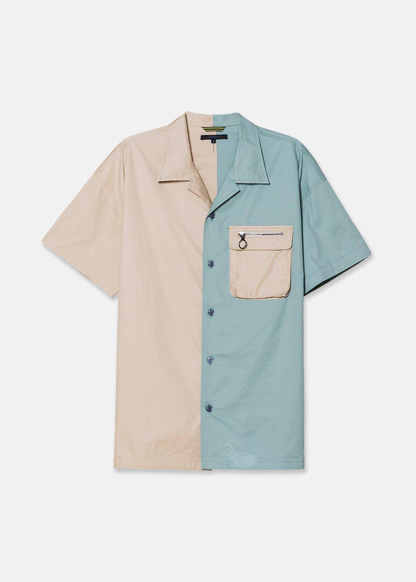 Khaki Color block Men's Bellow Pocket Oversize Short Sleeve Shirt