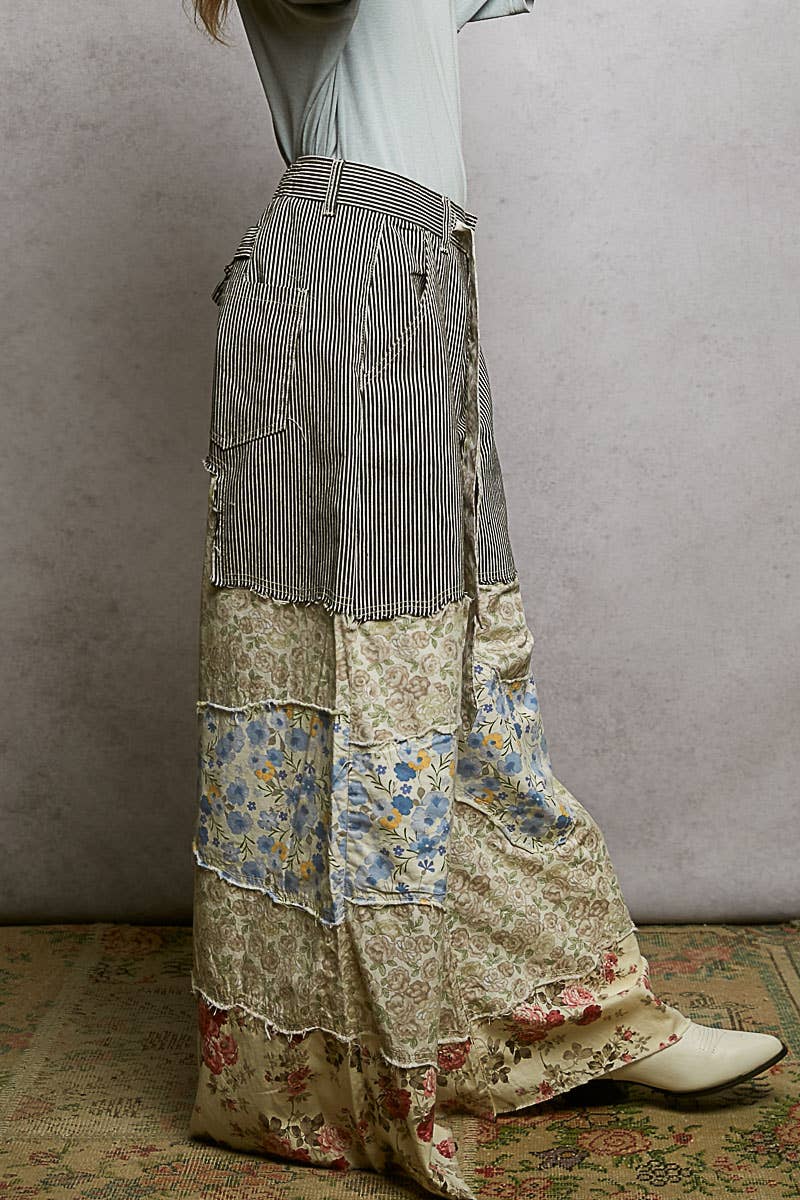 Varied asymmetrical patchwork buckle back detail woven pants