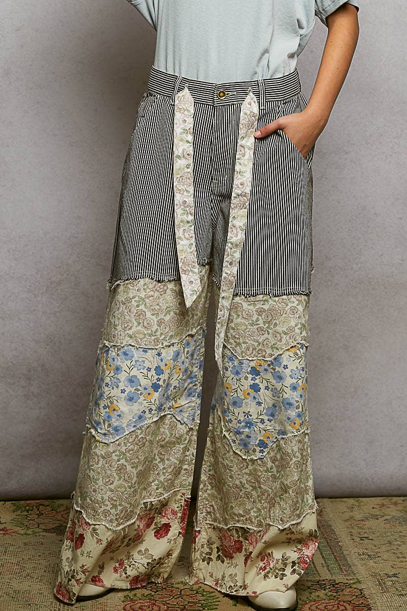 Varied asymmetrical patchwork buckle back detail woven pants