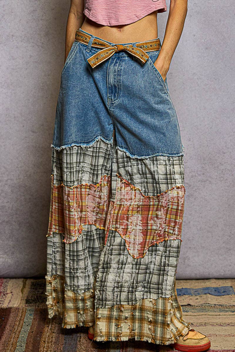 Varied asymmetrical patchwork buckle back detail woven pants