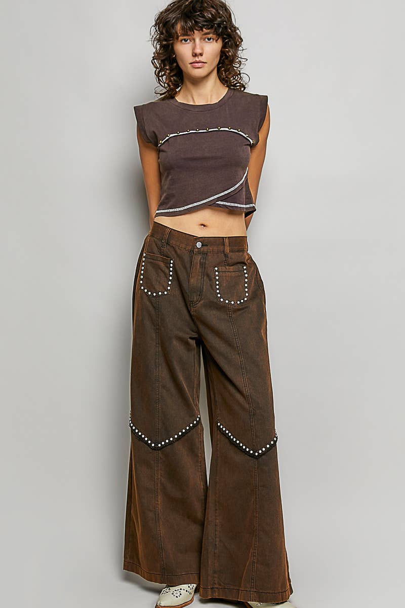 Vintage Wash Solid Back Elastic Band High Rise Wide Pants