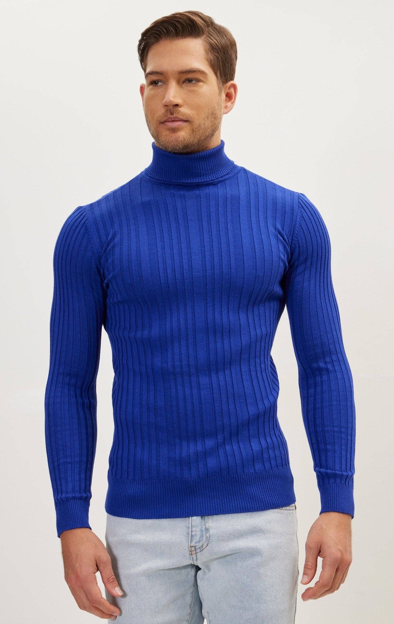 Men's Roll Neck Ribbed Sweater - Electric Blue