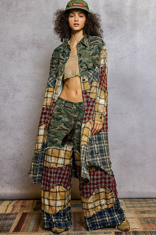 Long Sleeve Plaid Woven Varied Patchwork Maxi Shirt Jacket