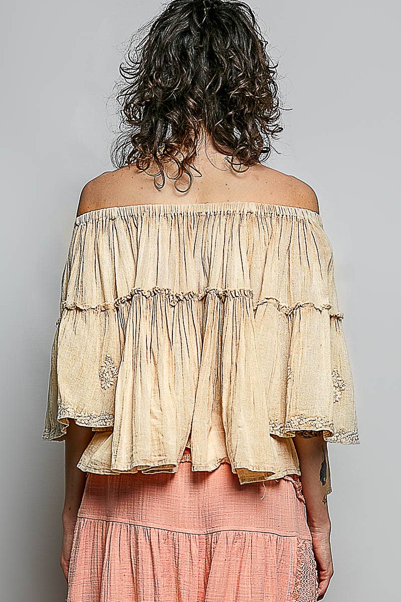 Off Shoulder Bell Sleeves Floral Embroidery Cotton Top