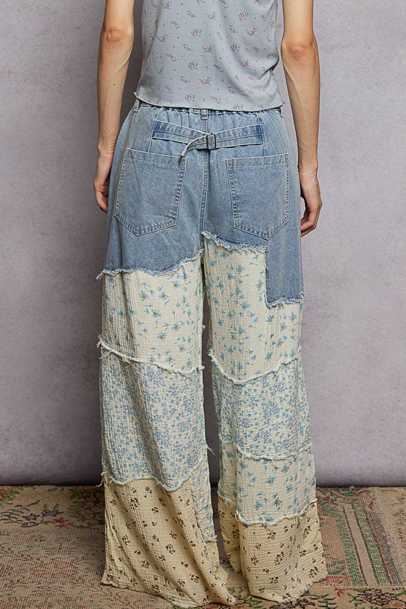 Varied asymmetrical patchwork buckle back detail woven pants