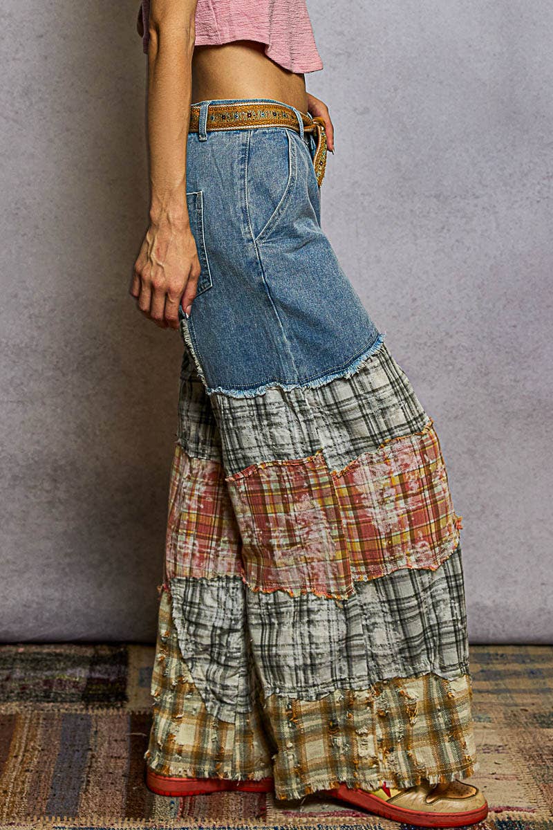 Varied asymmetrical patchwork buckle back detail woven pants