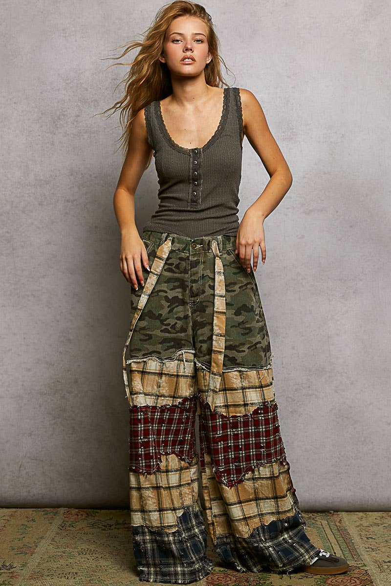 Varied asymmetrical patchwork buckle back detail woven pants