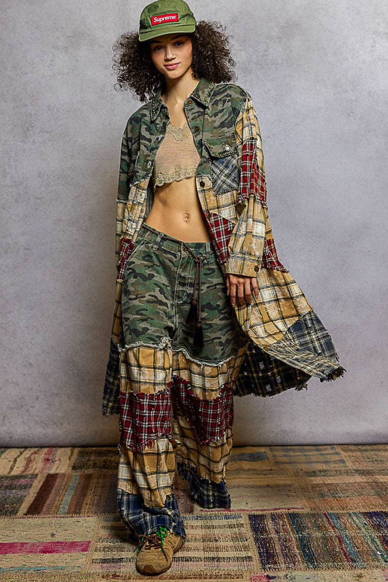 Long Sleeve Plaid Woven Varied Patchwork Maxi Shirt Jacket