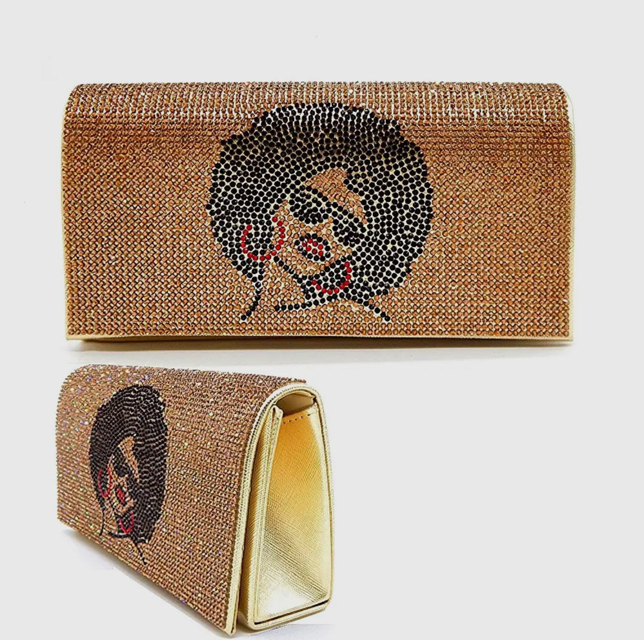 Afro Lady Rhinestone Clutch or Crossbody