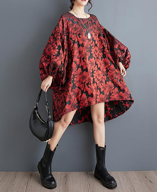 Drama Lantern Sleeve Dress Red Flowers