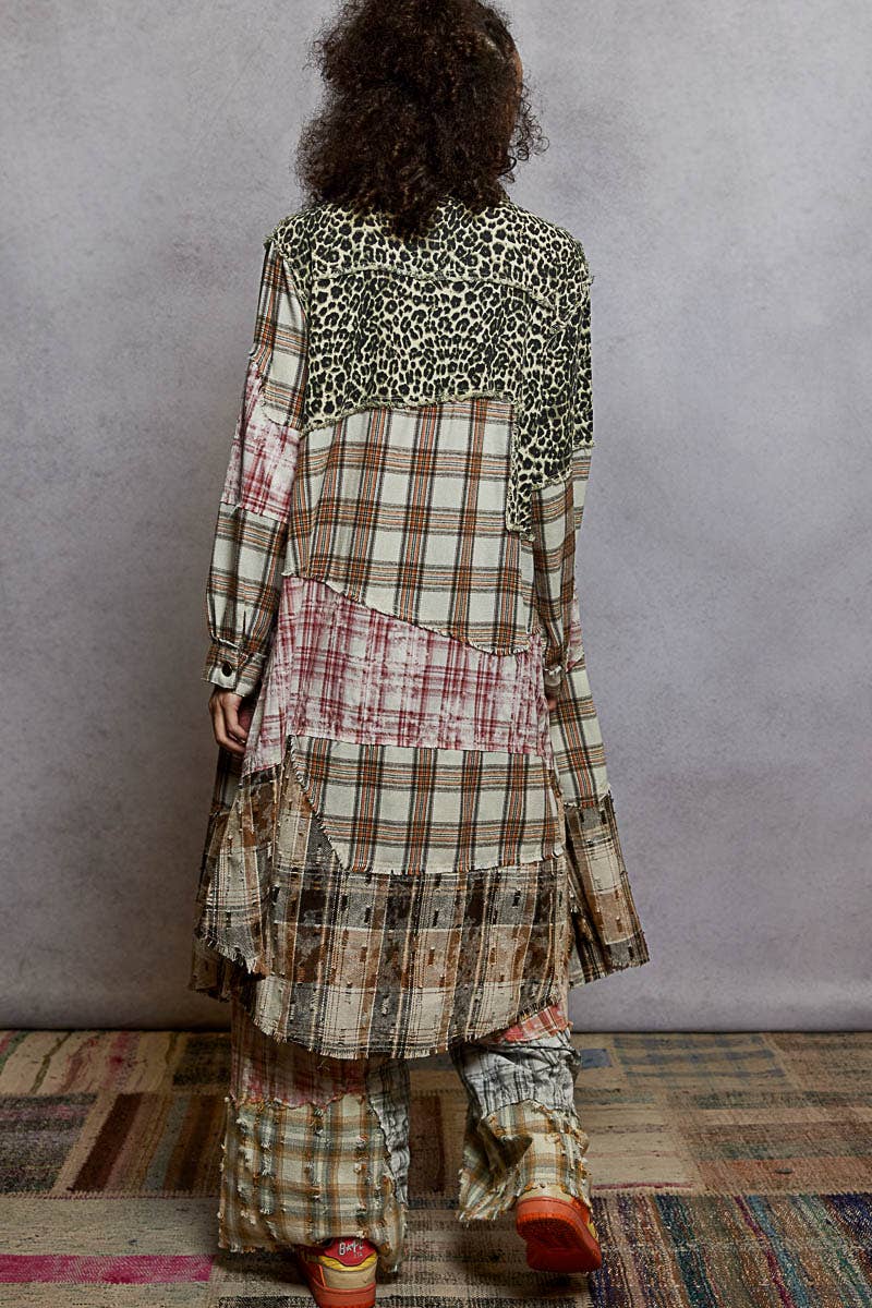 Long Sleeve Plaid Woven Varied Patchwork Maxi Shirt Jacket