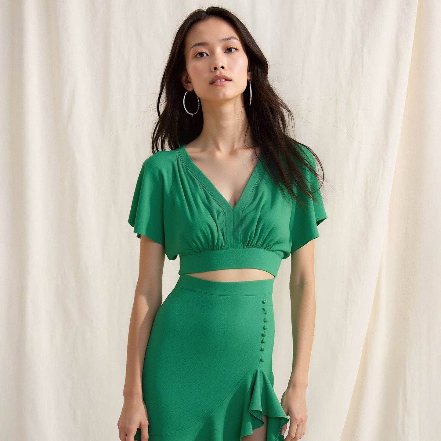 Cindy Tie Waist Cape Sleeve Cropped Blouse in Kelly Green