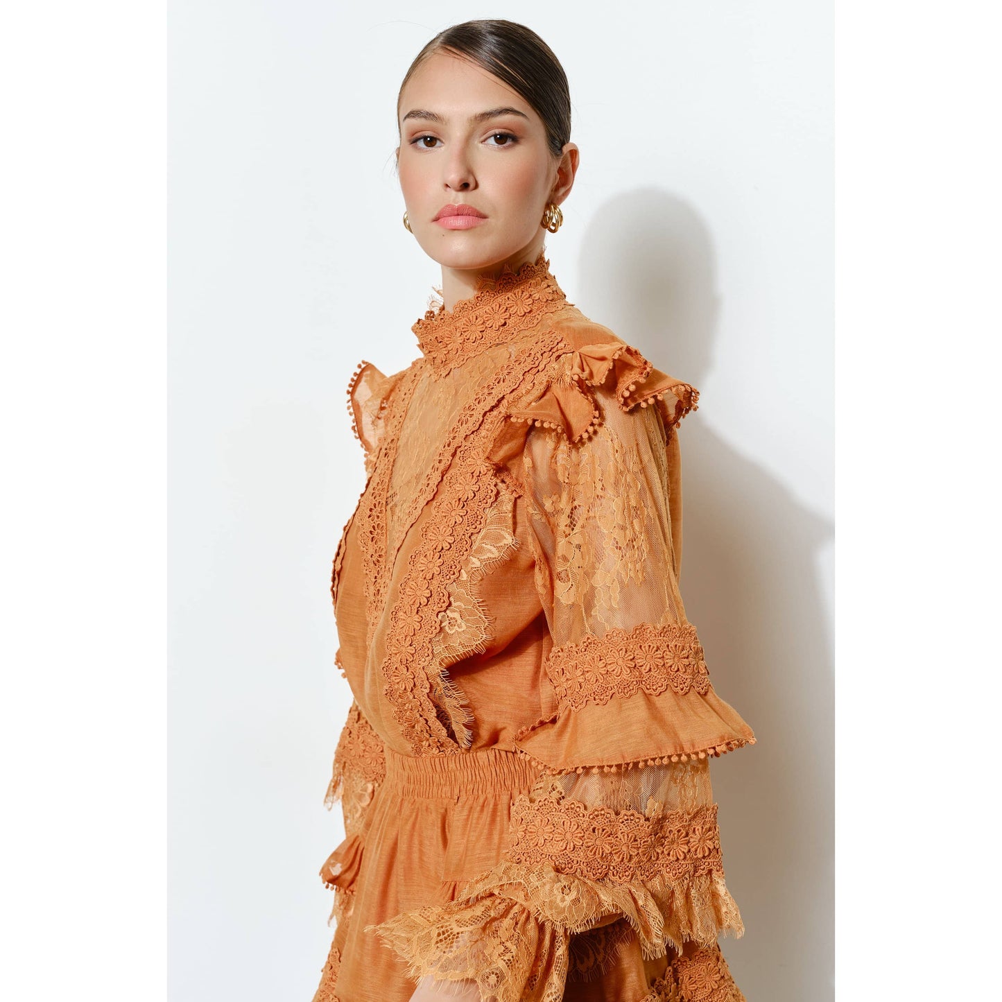 Floral Lace High-Neck Ruffle Sleeve Blouse