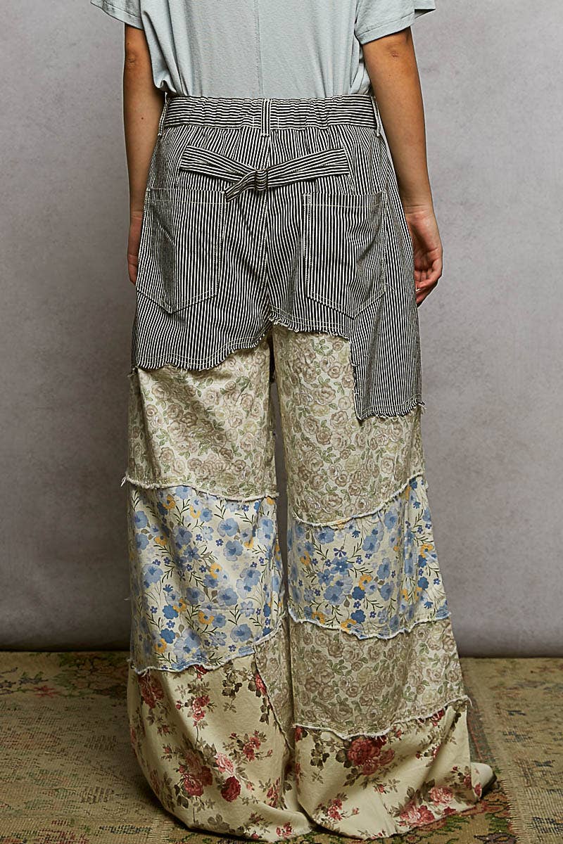 Varied asymmetrical patchwork buckle back detail woven pants