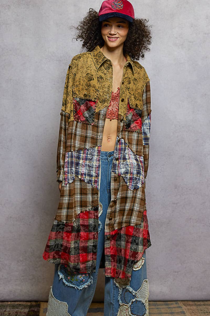 Long Sleeve Plaid Woven Varied Patchwork Maxi Shirt Jacket