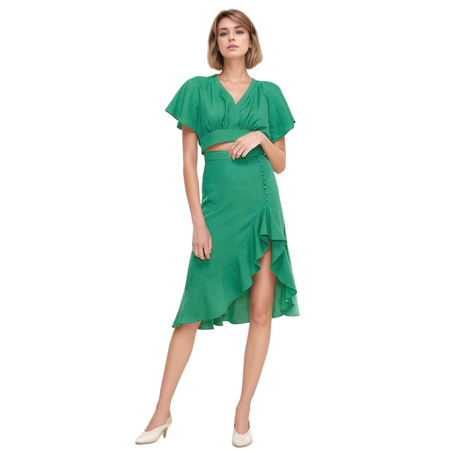 Cindy Asymmetrical Hem Button Front Skirt in Kelly Green