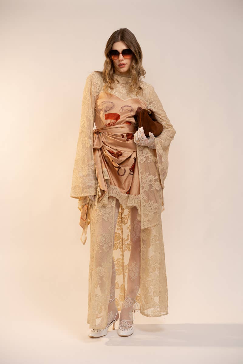 47043D Sheer Lace Kimono Sleeve Maxi Dress