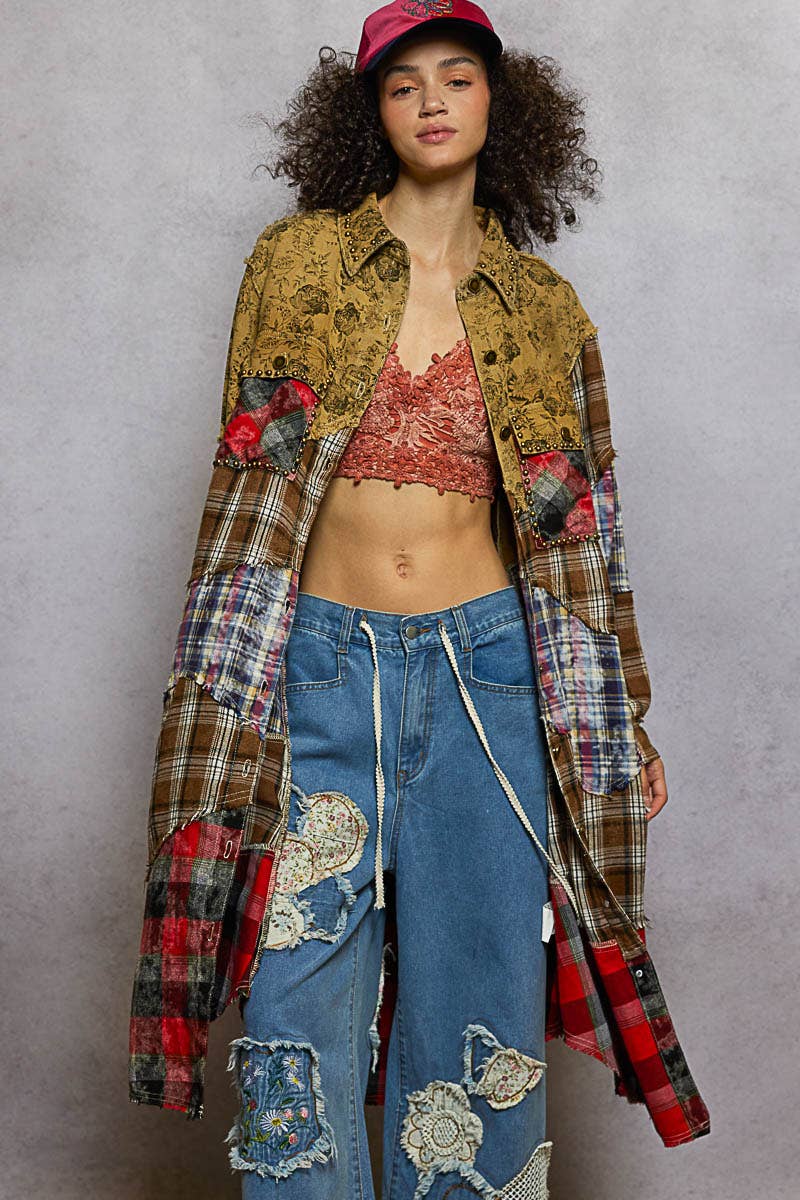Long Sleeve Plaid Woven Varied Patchwork Maxi Shirt Jacket