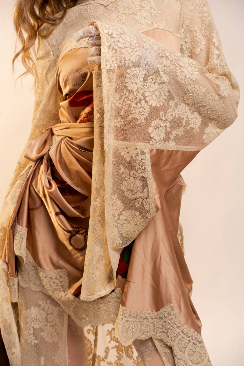 47043D Sheer Lace Kimono Sleeve Maxi Dress