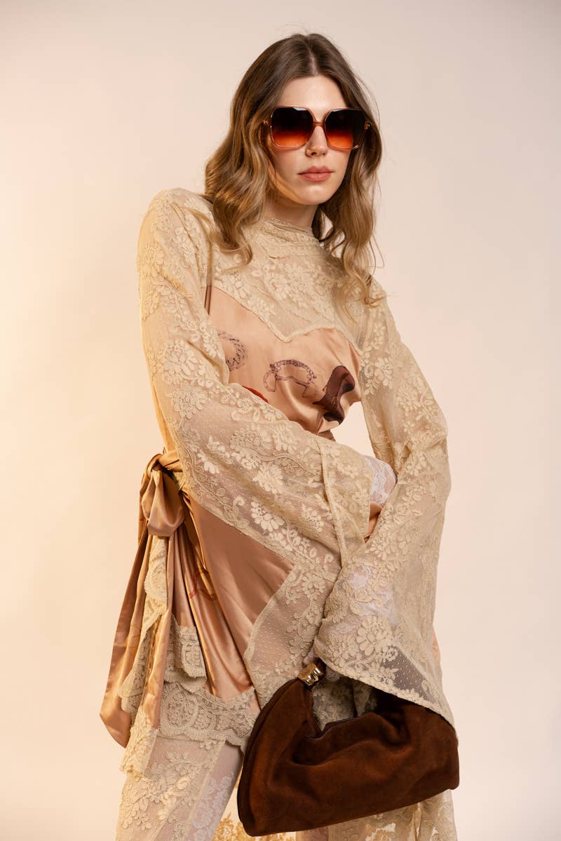 47043D Sheer Lace Kimono Sleeve Maxi Dress