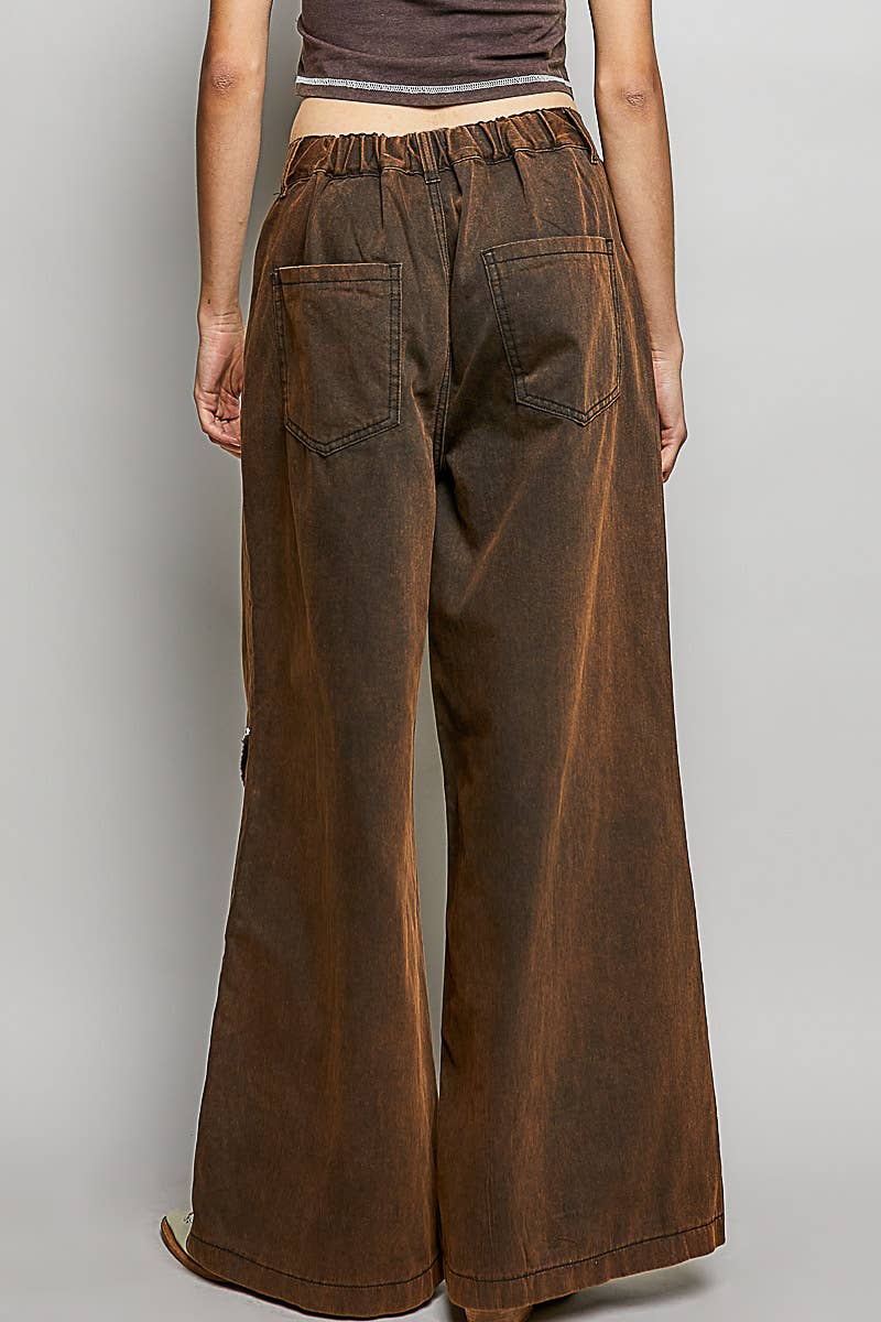 Vintage Wash Solid Back Elastic Band High Rise Wide Pants