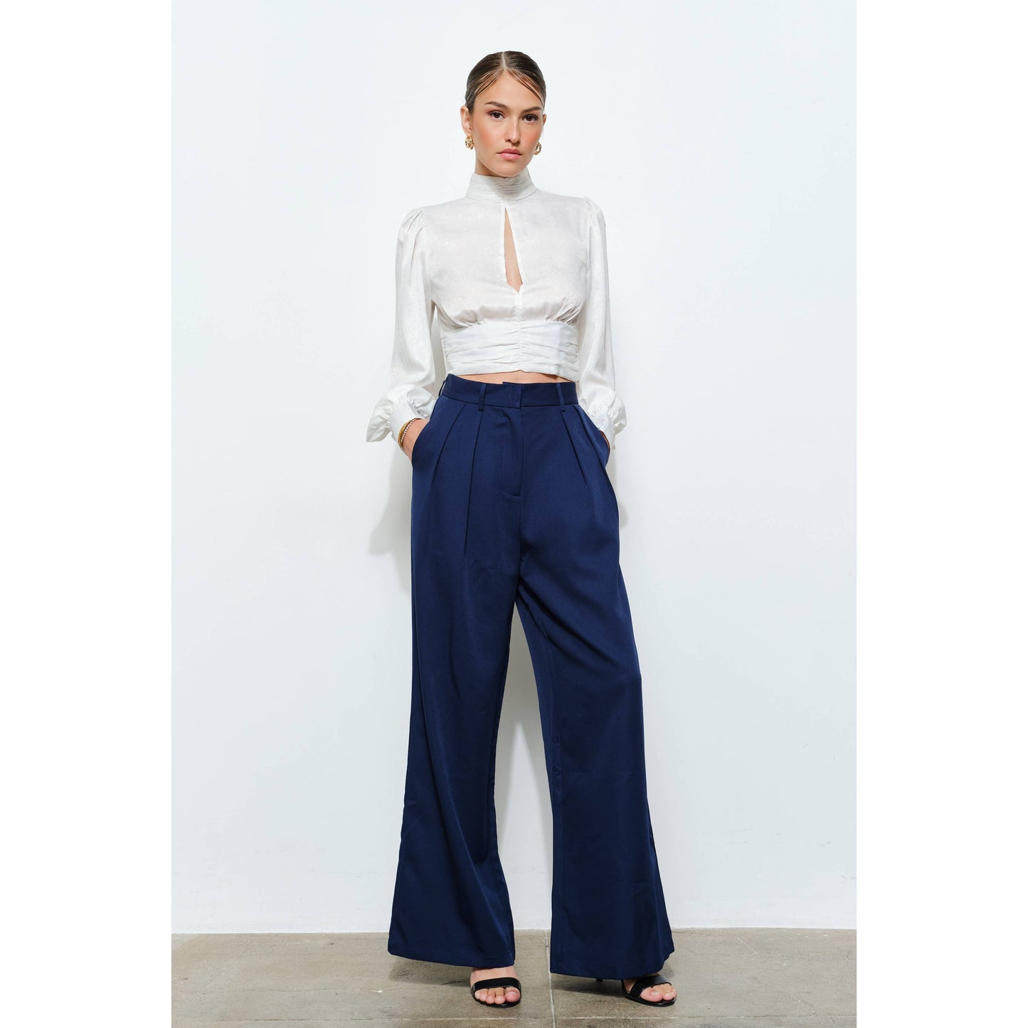 High Neck Satin Blouse with Open Back Tie