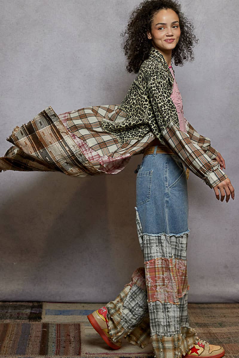 Long Sleeve Plaid Woven Varied Patchwork Maxi Shirt Jacket