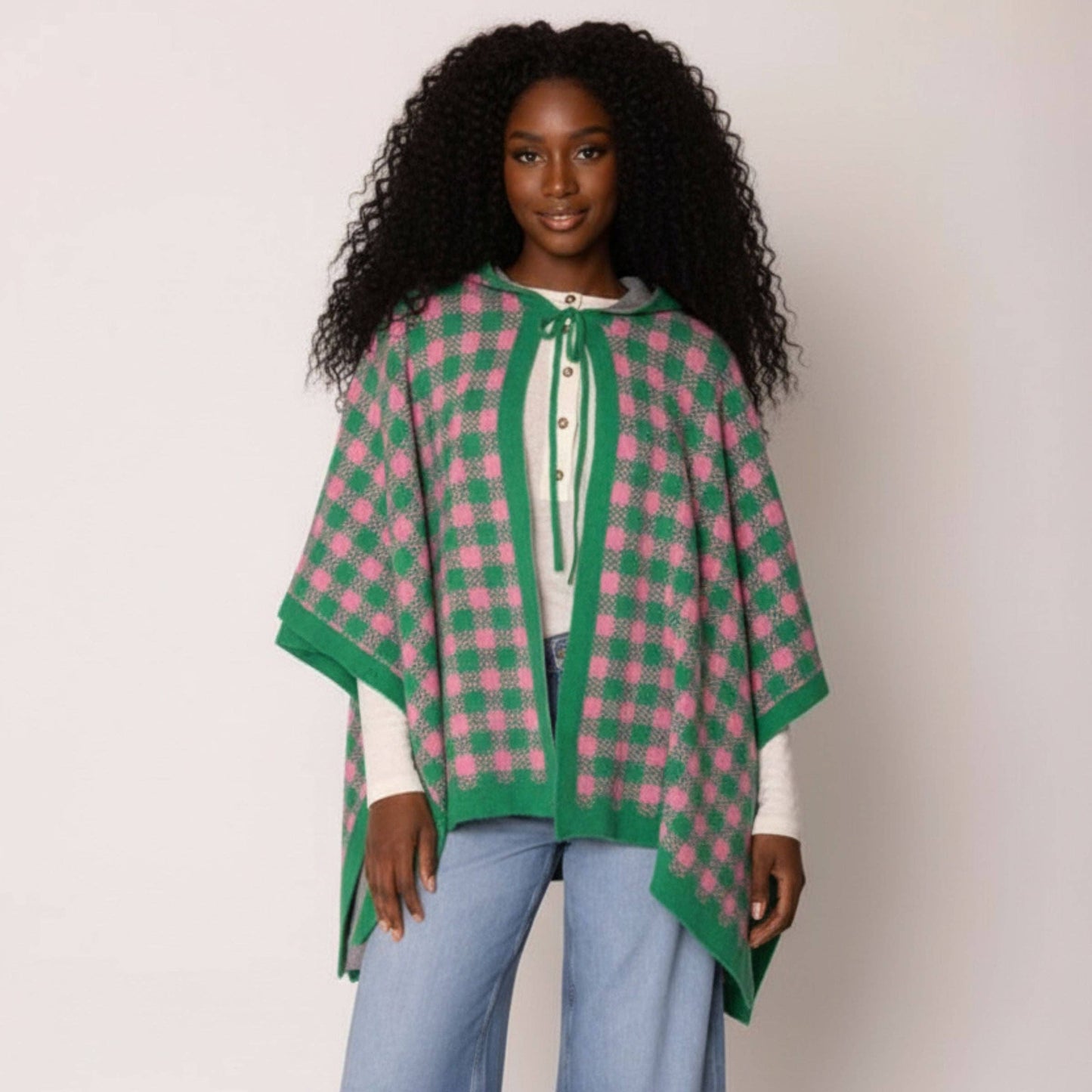 AKA Sorority Checkered Knit Pink and Green Cape