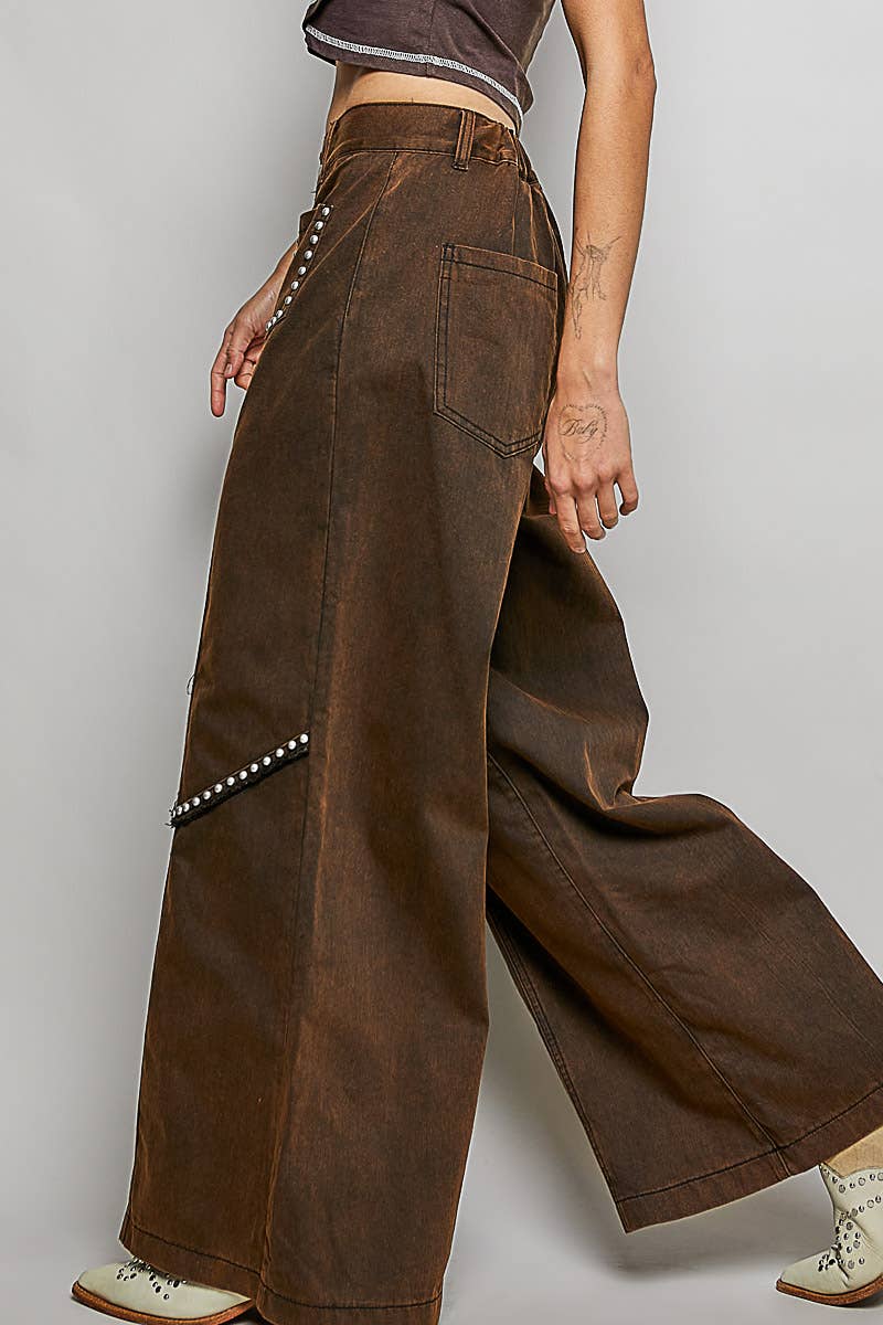 Vintage Wash Solid Back Elastic Band High Rise Wide Pants