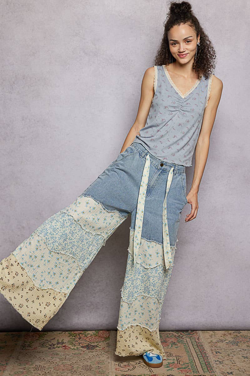 Varied asymmetrical patchwork buckle back detail woven pants